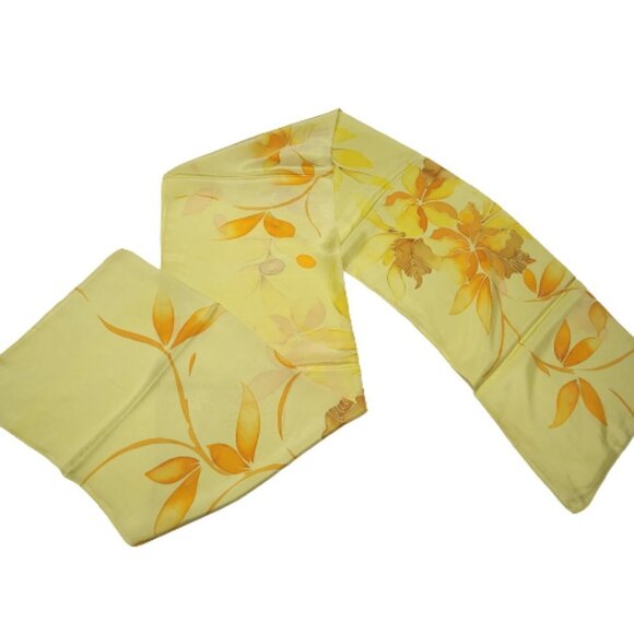 Yellow Handpainted Silk Scarf Long Rectangular Scarf with a floral motif - NEW - Picture 1 of 7